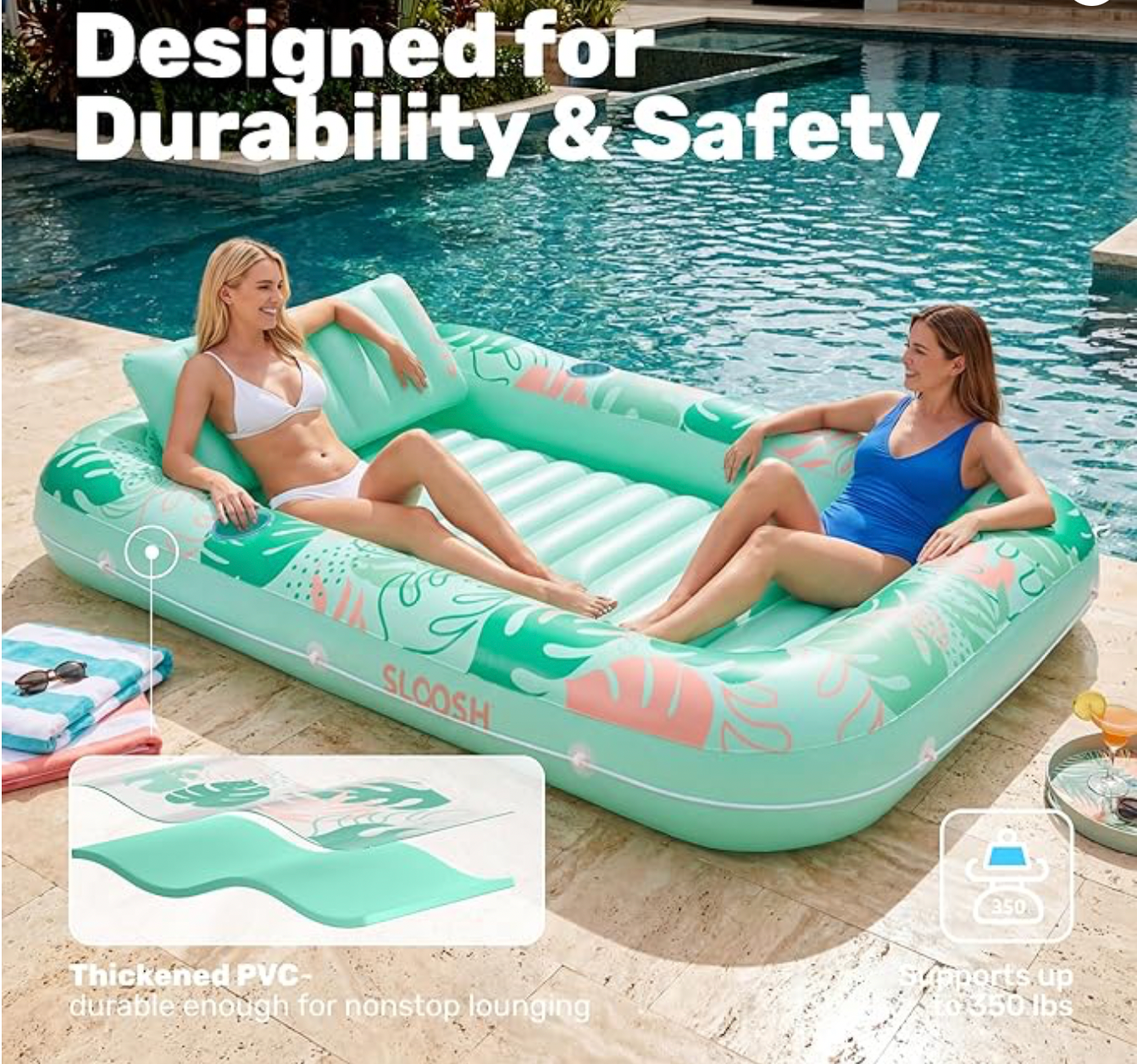 Aufblasbare Tanning Pool, 70" x 46"/ 85" x 57" Große aufblasbarer Luftmatratze für Erwachsene mit Kissen, 4-in-1-Sonnenliege, Badebett,Partygeschenk