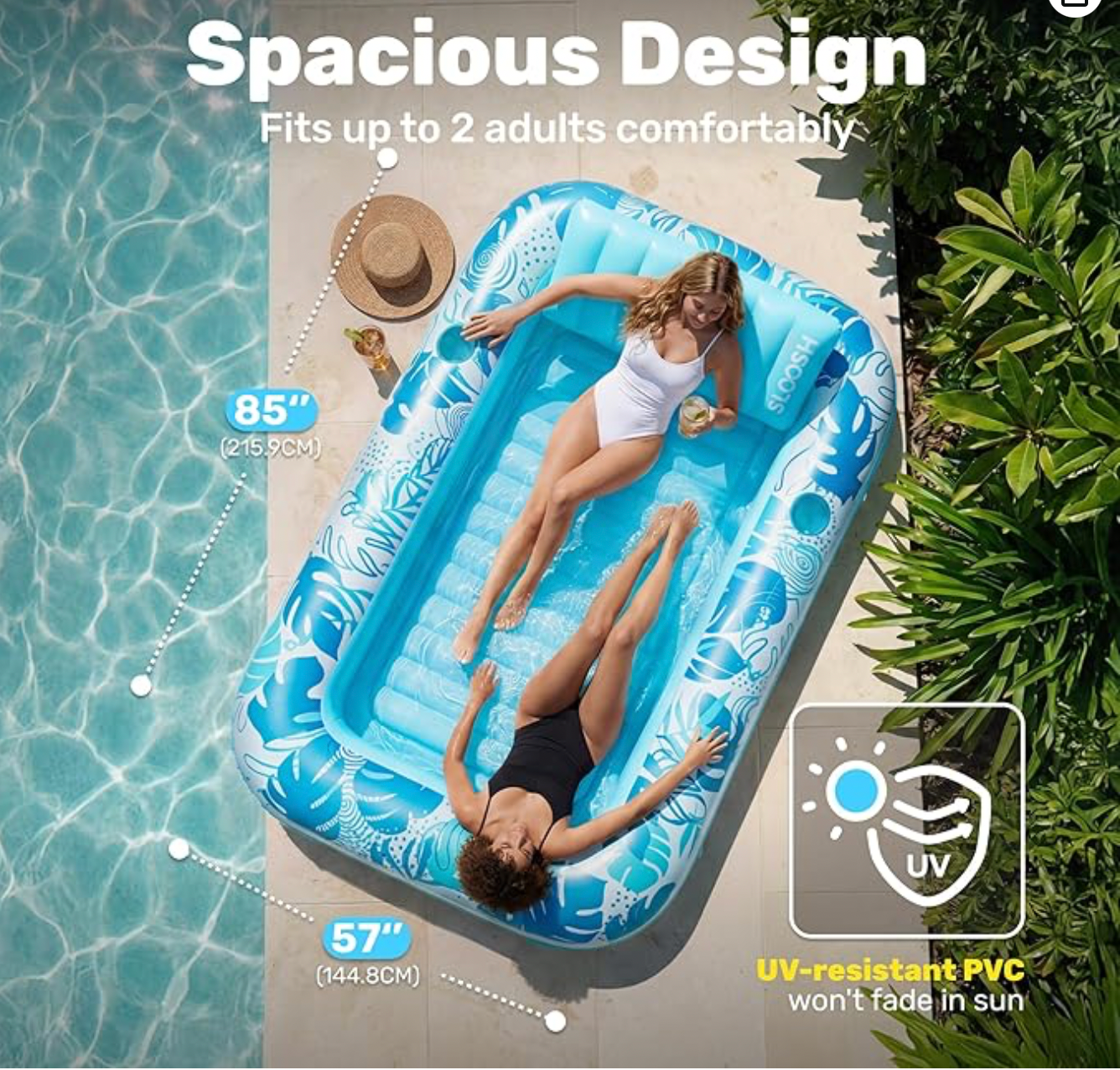 Aufblasbare Tanning Pool, 70" x 46"/ 85" x 57" Große aufblasbarer Luftmatratze für Erwachsene mit Kissen, 4-in-1-Sonnenliege, Badebett,Partygeschenk