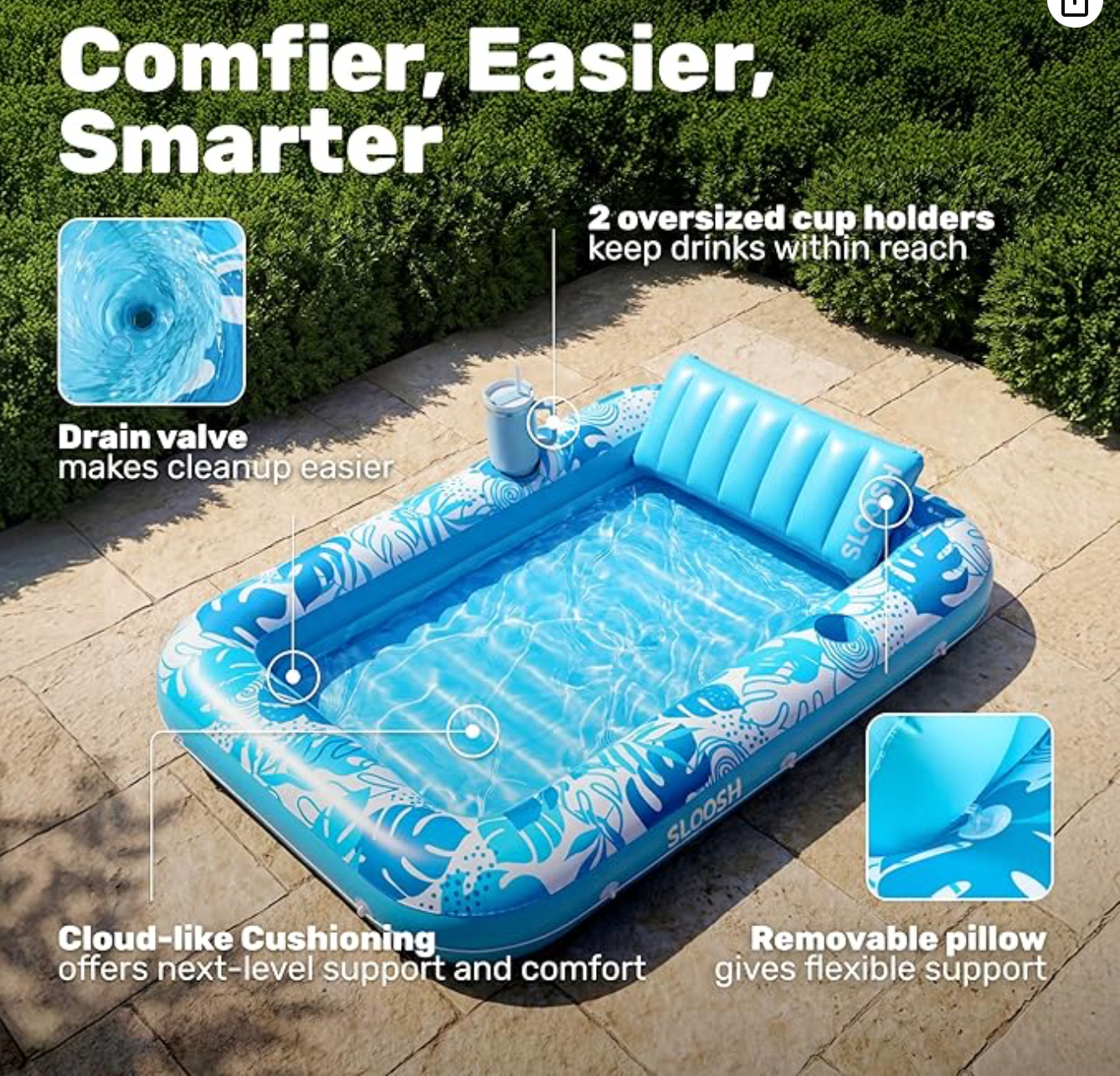 Aufblasbare Tanning Pool, 70" x 46"/ 85" x 57" Große aufblasbarer Luftmatratze für Erwachsene mit Kissen, 4-in-1-Sonnenliege, Badebett,Partygeschenk