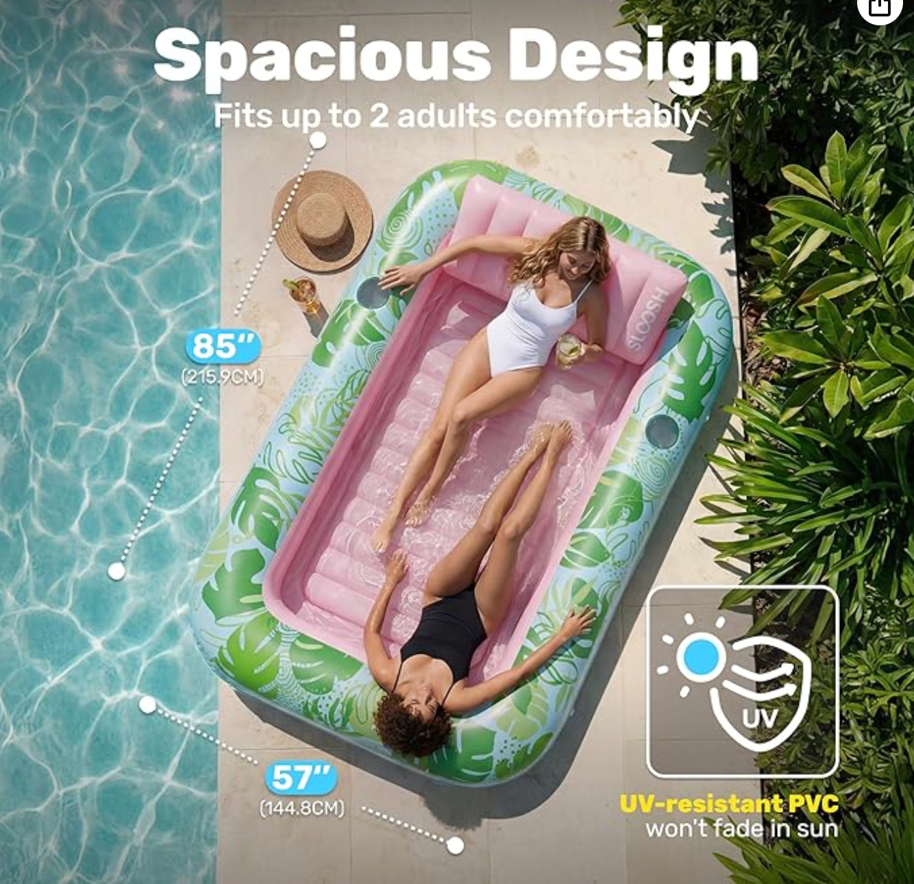 Aufblasbare Tanning Pool, 70" x 46"/ 85" x 57" Große aufblasbarer Luftmatratze für Erwachsene mit Kissen, 4-in-1-Sonnenliege, Badebett,Partygeschenk