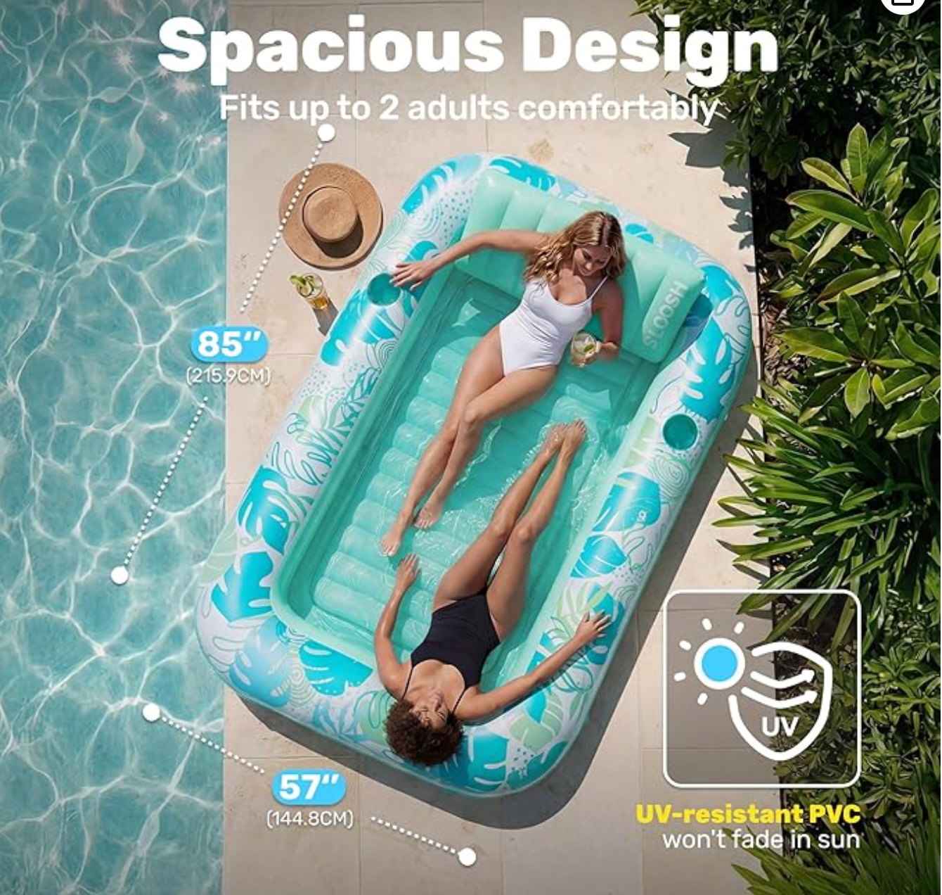Aufblasbare Tanning Pool, 70" x 46"/ 85" x 57" Große aufblasbarer Luftmatratze für Erwachsene mit Kissen, 4-in-1-Sonnenliege, Badebett,Partygeschenk