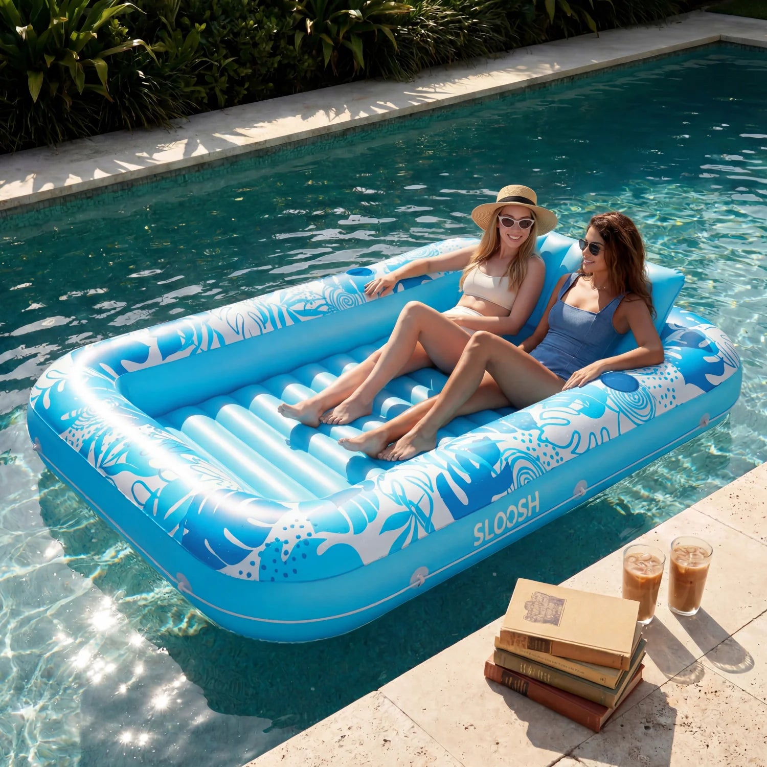 Inflatable Tanning Pool Lounger Float, Blue-XL, 85" x 57"