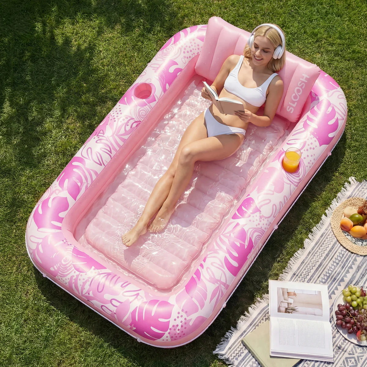 Inflatable Tanning Pool Lounger Float, Pink-L, 70" x 46"