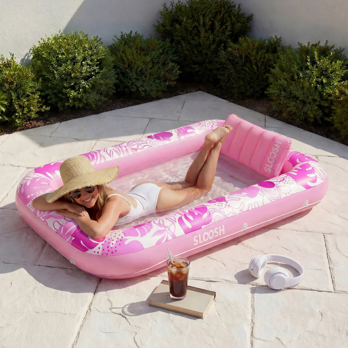 Inflatable Tanning Pool Lounger Float, Pink-L, 70" x 46"