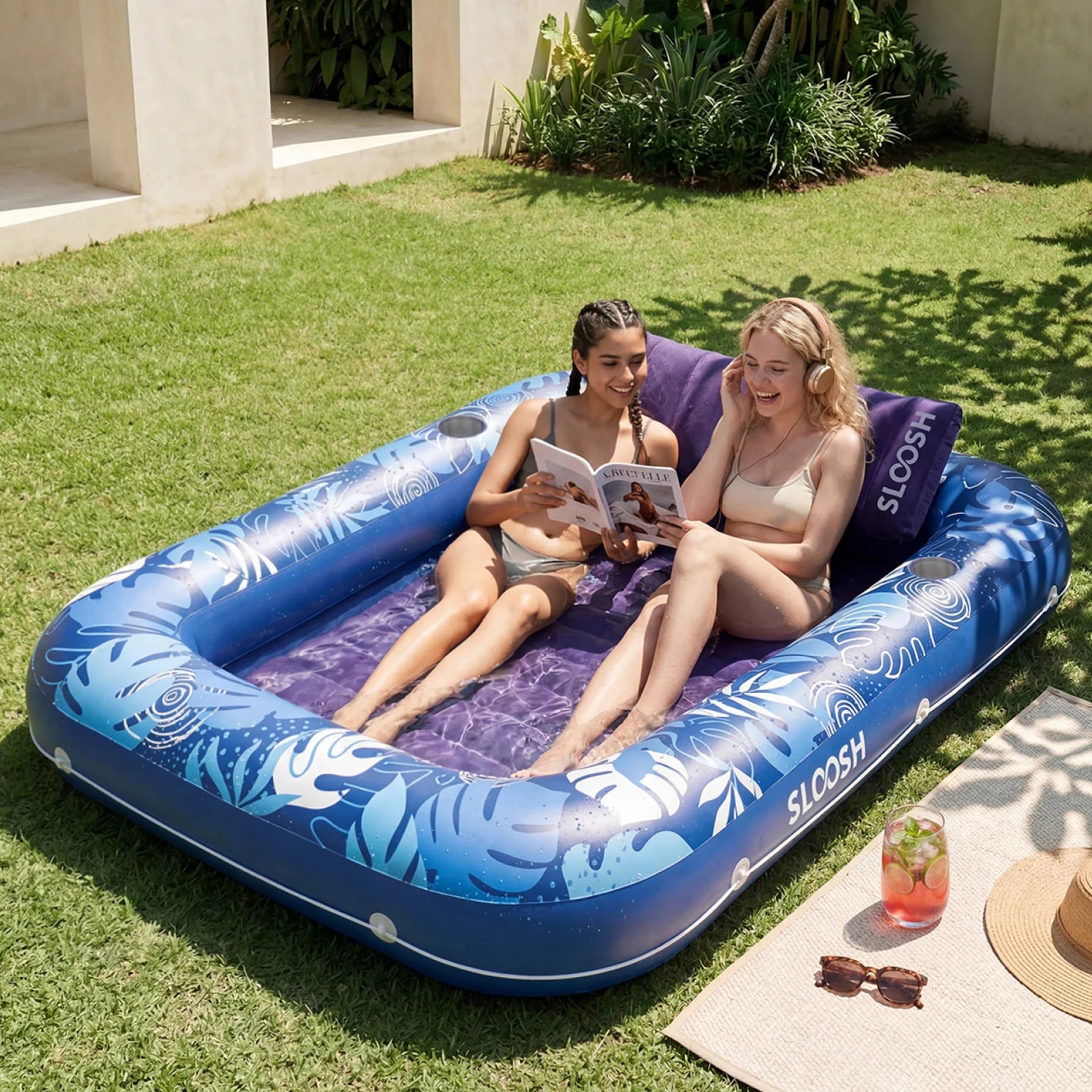Inflatable Tanning Pool Lounger Float, Dark Blue-XL, 85""x57"