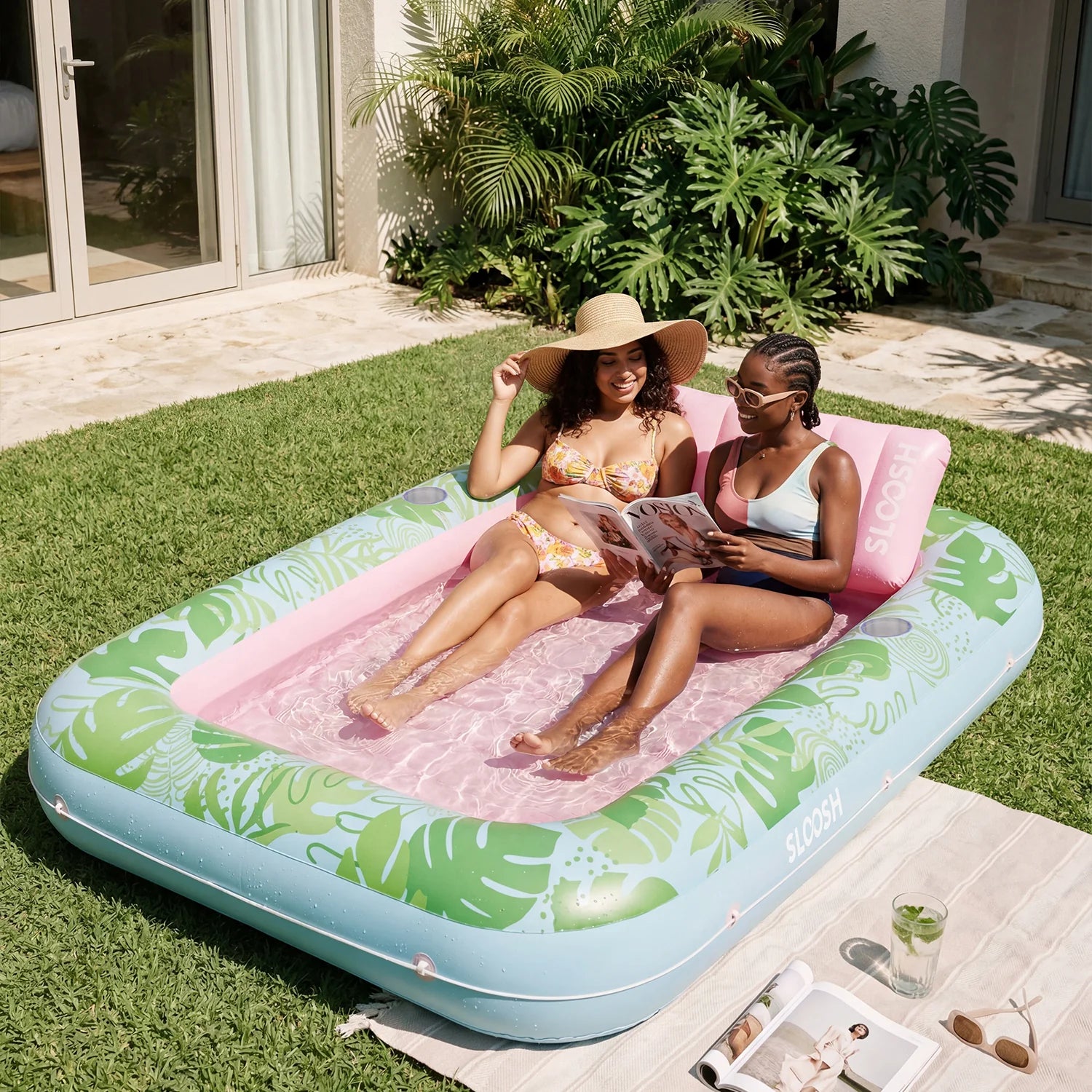 Inflatable Tanning Pool Lounger Float, Cyan Pink XL, 85" x 57"