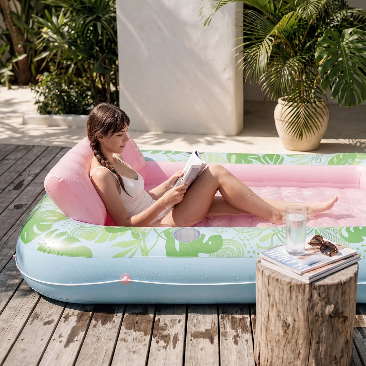 Inflatable Tanning Pool Lounger Float, Cyan Pink XL, 85" x 57"