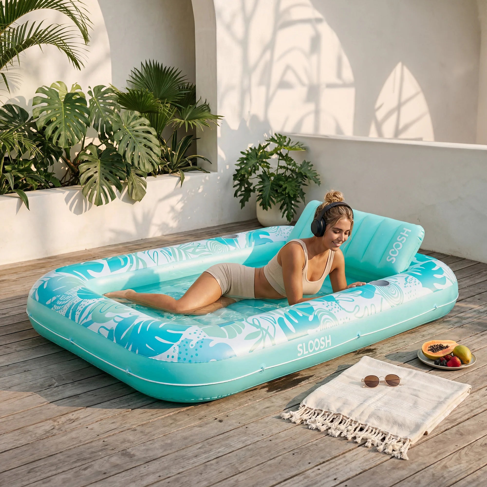 Inflatable Tanning Pool Lounger Float – XL 85"x57" , Cyan White