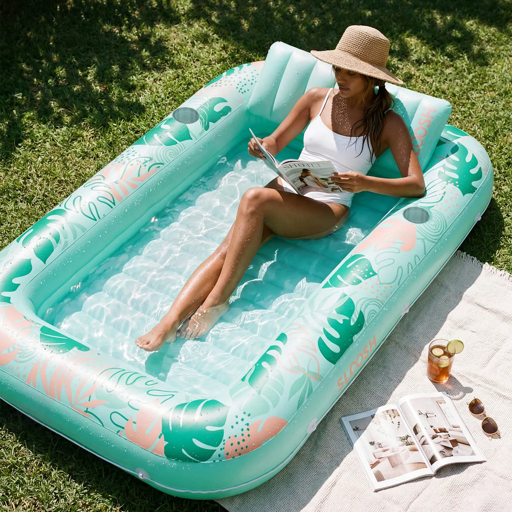 Inflatable Tanning Pool Lounger Float, Aqua Blue-L, 70" × 46"
