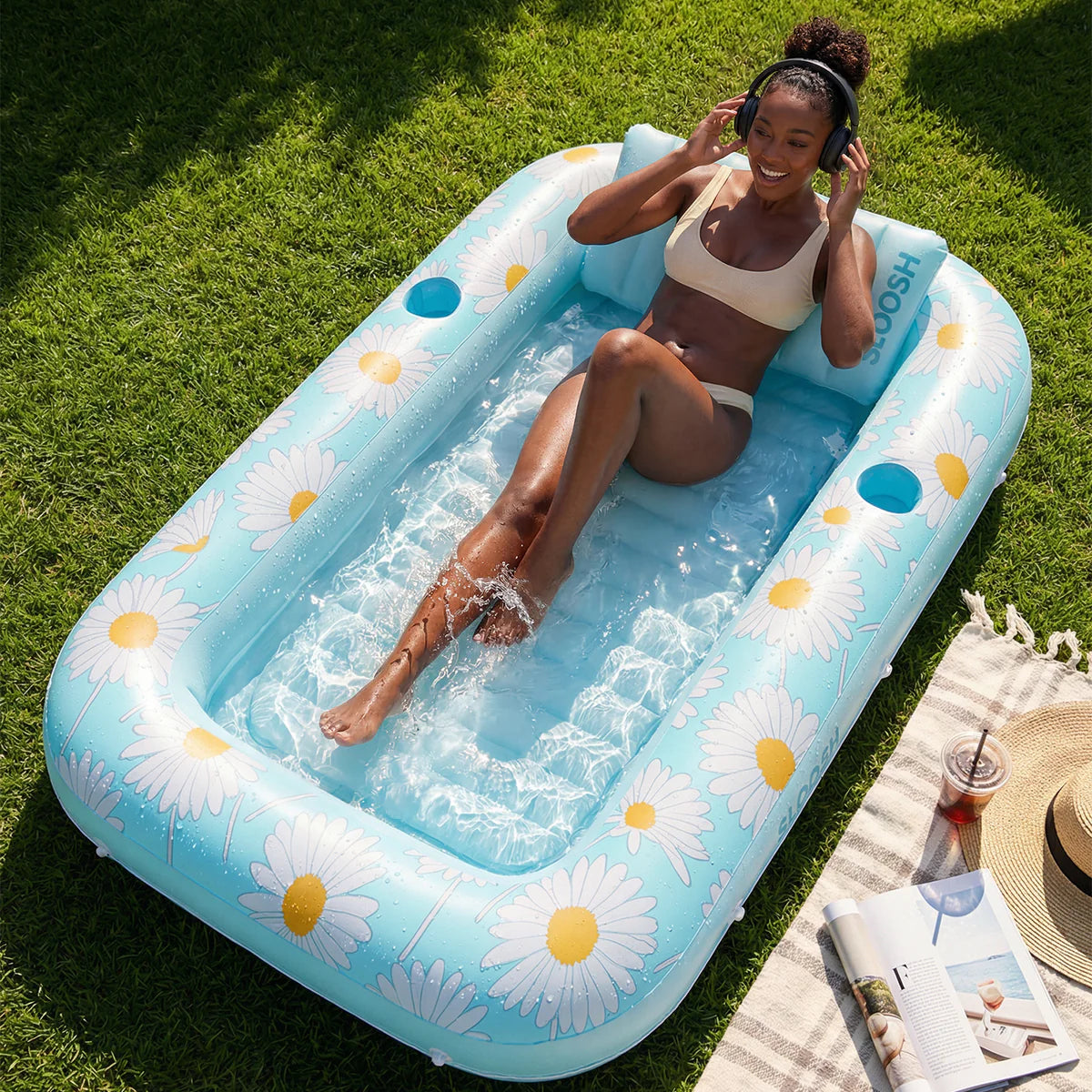 Inflatable Tanning Pool Lounger Float, Blue Daisy 70" x 46"
